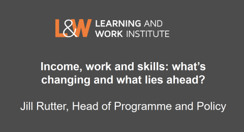 Image showing front page of presentation with title: Income, Work and Skills, What Lies Ahead.